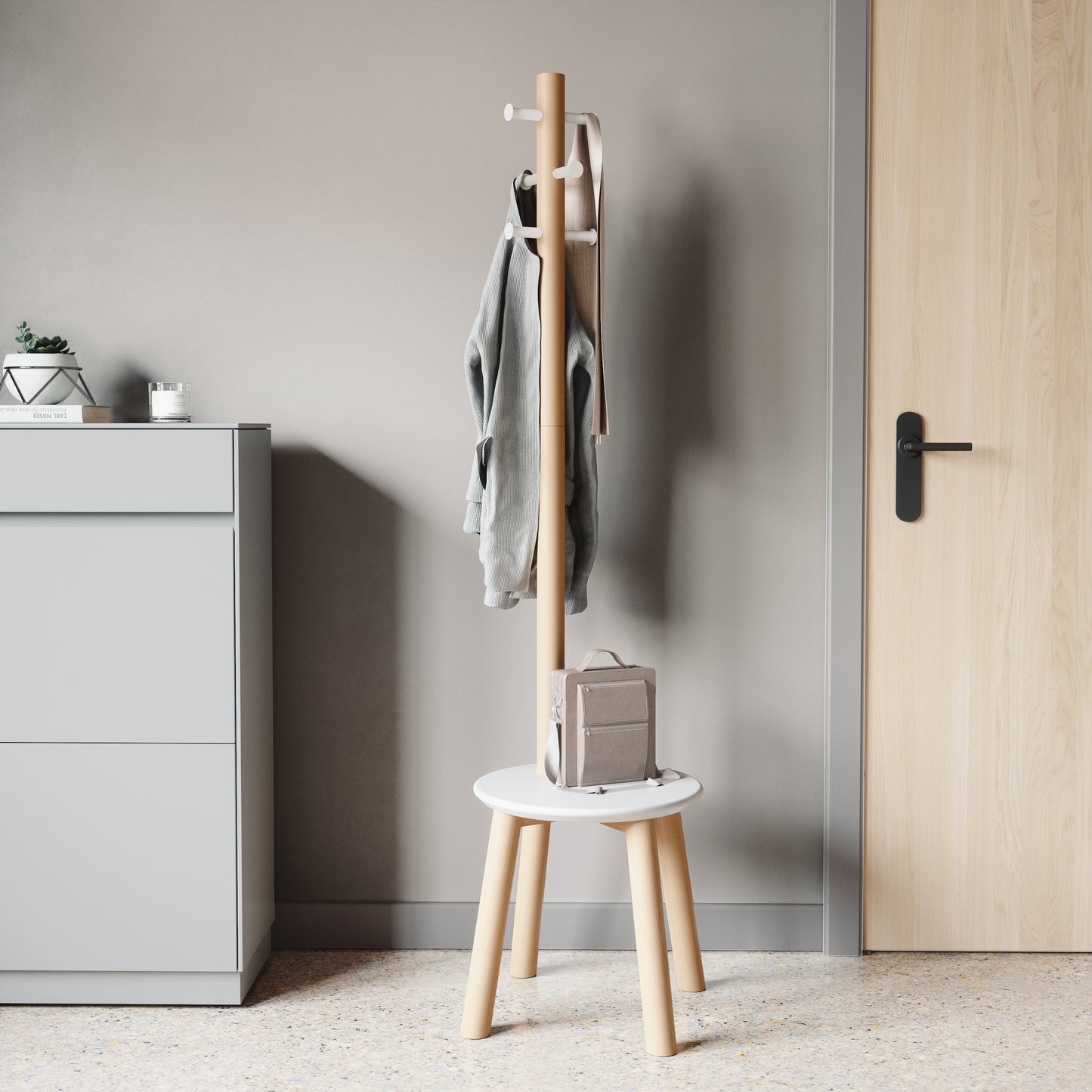 Pillar Stool/Coat Rack - White/Natural
