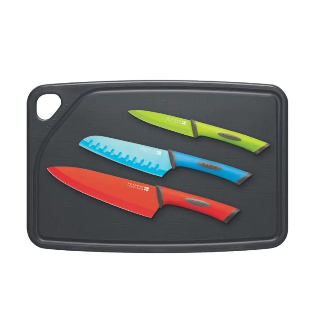 Cutting Set (4Pc) - 39x26cm - Grey Board - Green Utility - Blue Santoku - Red Cook'S