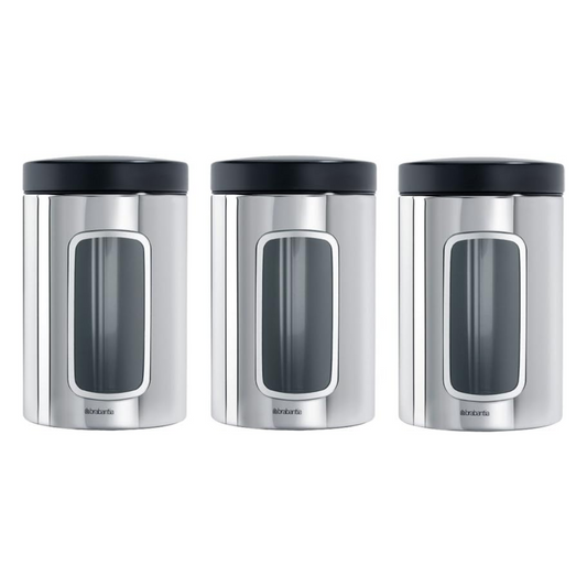 Window Canister, 1.4 Litre (Set of 3) - Brilliant Steel/Matt Black Lid