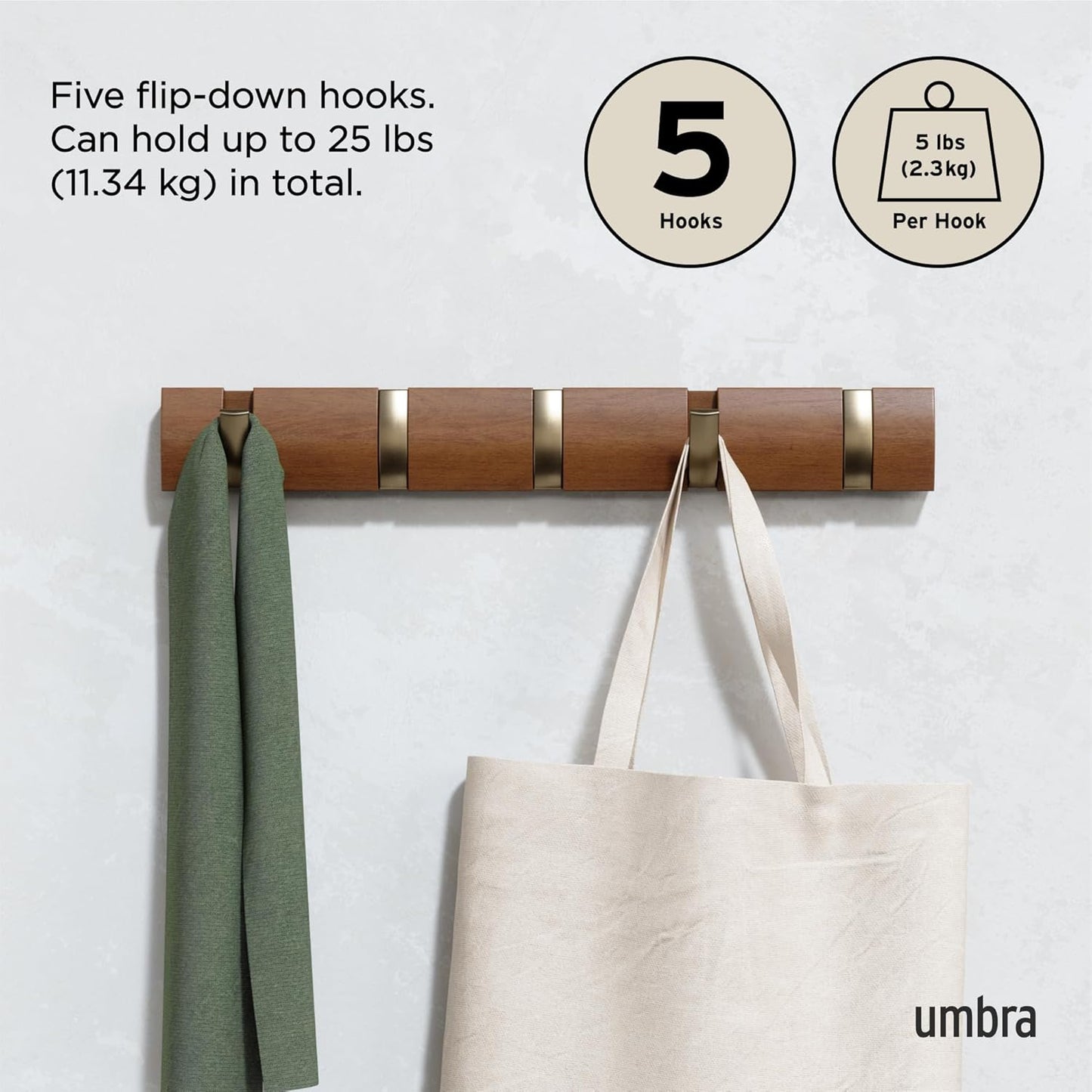 Flip 5 Hook - Light Walnut/Warm Gold