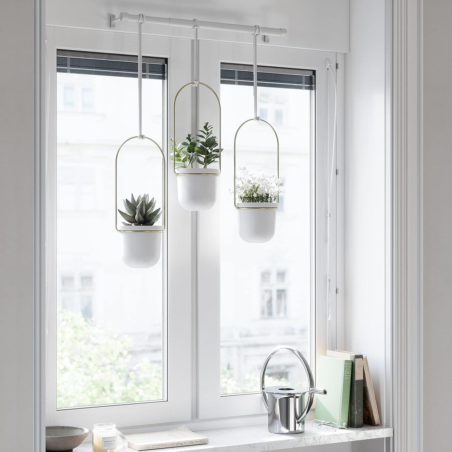 Triflora Hanging Planter (Set of 3) - White/Brass